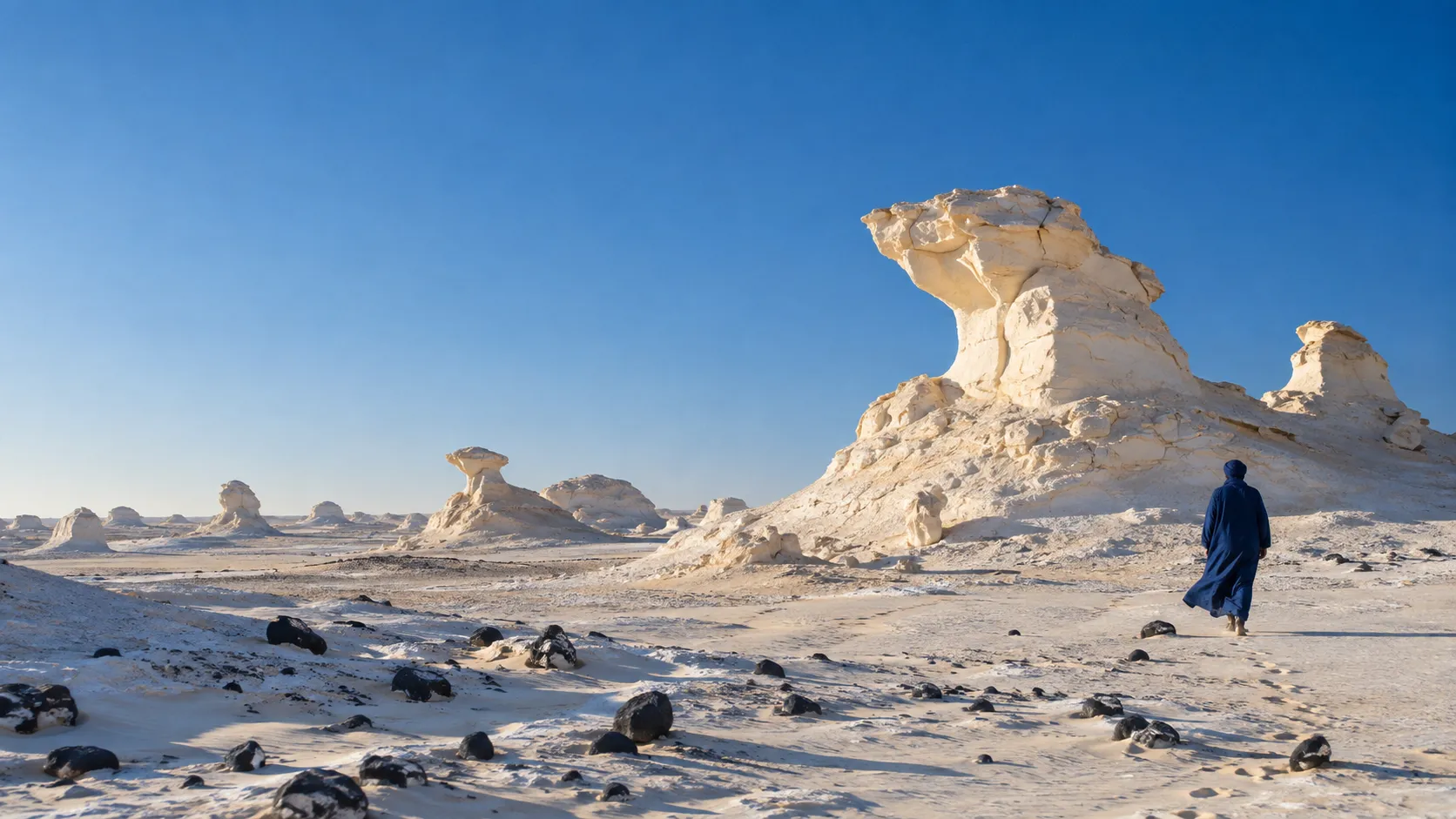 A figure in a lapis-blue robe walking toward white chalk rocks in Egypt's White Desert