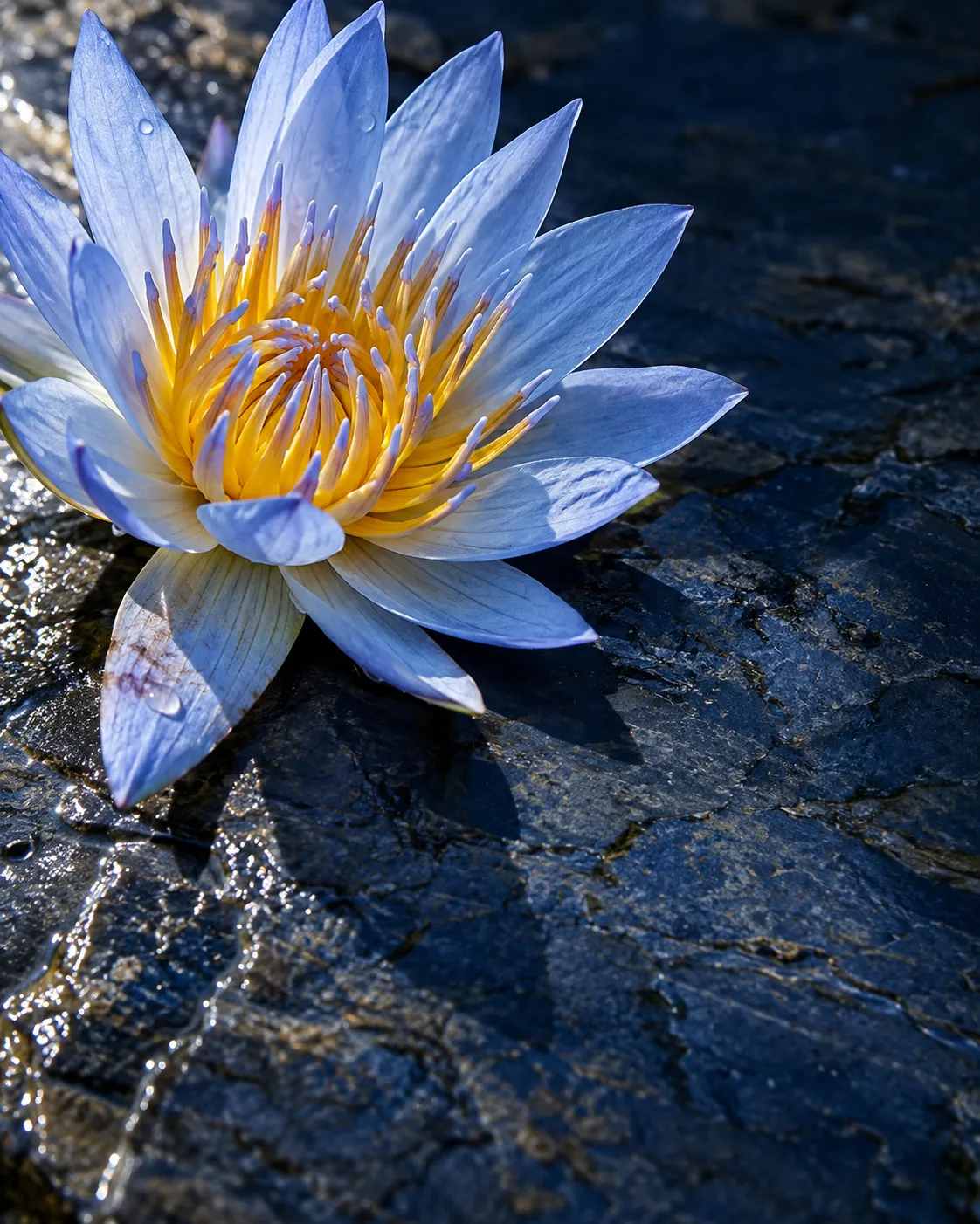A blue water lily lying on wet blue slate
