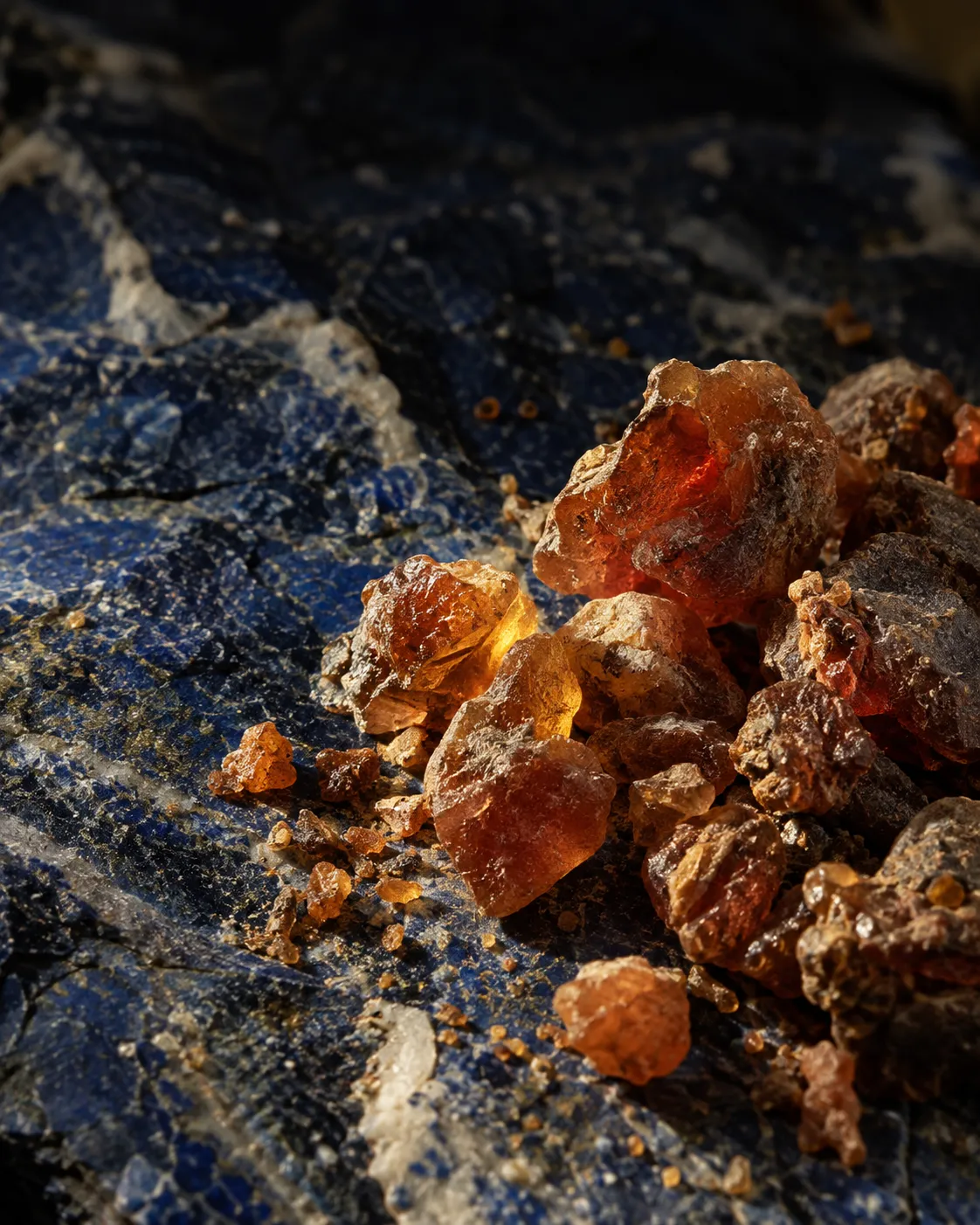Tears of red-amber myrrh resin on lapis stone